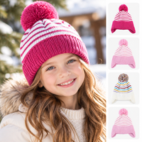 Casquette tricotée pour enfants, personnalisée, mignonne, à rayures contrastées, avec pompon, côtelée, épaisse, 100% acrylique, pour la neige, le ski, l'école, les voyages, la maison, le quotidien