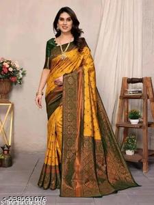 Dernier design de sari en soie jaune avec bordure verte et broderie, tenue traditionnelle pour femmes pour mariage et fêtes, avec matière pour chemisier. - Product Image 4