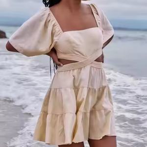 Vestido de Lino de Alta Calidad a Bajo Precio para Mujer, Estilo Sexy, Cuello Cuadrado, Casual, Espalda Descubierta, Mini Vestido de Playa para Verano - Product Image 3