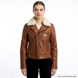 Chaqueta de Motociclista de Cuero Genuino para Mujer al por Mayor con Cuello Desmontable, Cremallera, Cortavientos, Calefactable y Ecológica para Invierno - Product Image 1