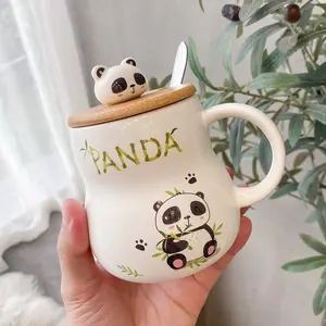 可爱卡通熊猫葫芦陶瓷带盖勺子马克杯学生礼品水杯