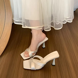 Sandalias elegantes de verano para mujer, estilo retro francés, de tacón alto, con punta abierta y cuadrada, para exteriores. - Product Image 6