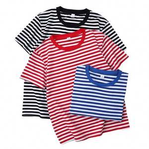 I-0611 Short-sleeved <b>T</b>-<b>shirt</b> Summer Loose Blue and <b>White</b> Striped Couple Wear Crew-neck Fashion Casual Top - Product Image 1