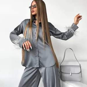 2023 Autumn Feather Pajamas Long Sleeve Loose Ice Silk Pajamas Two Piece Set for Women's Home Fur Outwear