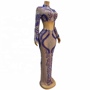 Sexy strass <span class=keywords><strong>blu</strong></span> argento cristalli matrimonio compleanno maniche lunghe cantante ballerina Set di due pezzi - Product Image 5