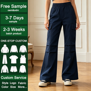 <span class=keywords><strong>Pantalon</strong></span> cargo pour femme, <span class=keywords><strong>bleu</strong></span> <span class=keywords><strong>marine</strong></span> uni, taille élastique, multi-poches, coupe évasée, jambe large, style streetwear décontracté, coupe bootcut - Product Image 1