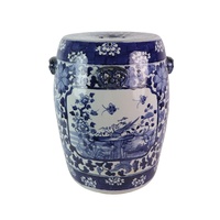 RZPJ25-A Tabouret à tambour d'oreille de lion bleu et blanc, en porcelaine à motif floral et d'oiseaux avec fenêtre ouverte à branches entrelacées