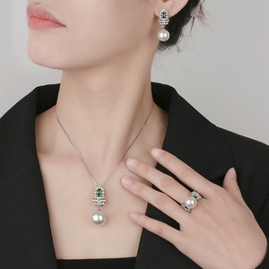 Fashion Eco-friendly Copper Christmas Tree Style Earrings Necklace Set <b>Emerald</b> Green Zirconia 16-12mm White Pearl Jewelry Set - Product Image 6