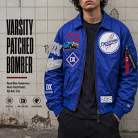 Blouson Bomber Personnalisé Bleu Royal 460 g/m² en Satin avec Écussons Multiples, Logo Arqué sur le Devant, Bordure en Tricot Côtelé, Style Universitaire Streetwear OEM ODM
