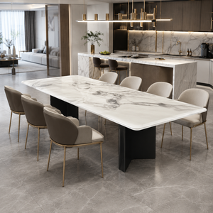 Customized Luxury White <b>Marble</b> Dining <b>Table</b> Rechtangel <b>Top</b> Modern Villa 8~10 Seater Metal Legs Stone Furniture - Product Image 1