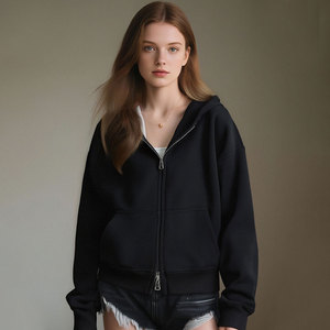 Sweat-shirt à capuche zippé en coton pur 100% 350g personnalisable avec logo, lourd, court, décontracté, veste - Product Image 1