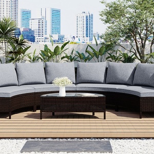 <span class=keywords><strong>Set</strong></span> di Mobili da Esterno Contemporaneo in 5 Pezzi con Tavolo in Vetro Temperato e Divano Semicircolare in Rattan PE Marrone - Product Image 2