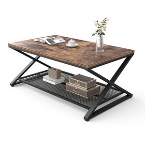 Mesa de Centro Moderna Rústica con Estante de Malla y Marco Metálico para Apartamentos - Product Image 1