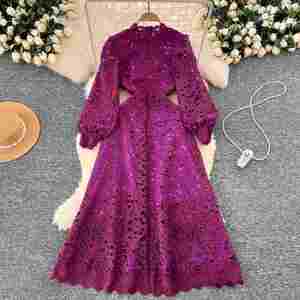 Vestido Maxi Casual de Mujer con Manga Linterna, Corte A, Transpirable y Ecológico, Tejido, con Encaje Hueco, Morado, Colección Otoño 2024 - Product Image 4
