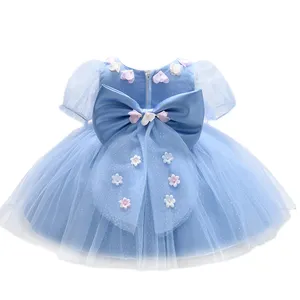 Baby Party Frocks with Big Bow Princess Clothes 0 2 Years Babe Dress Infant Pageant Wear Infant Girl Tulle Dress Baby Blue Dress