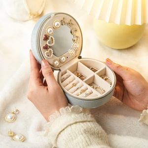 Wholesale Custom Travel Pink Round Jewellery Storage <b>Case</b> Logo <b>Small</b> Green Portable Velvet Box Mirror Zipper Closure - Product Image 2