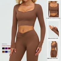 Set Pakaian Olahraga Wanita Lengan Panjang Crop Top Yoga Gym Celana Legging Fitness High Waist Scrunch Butt