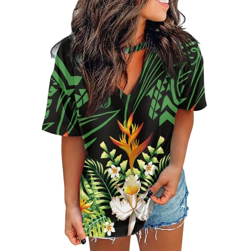 Camiseta ahuecada para mujer divertida Polinesia Tribal Floral gráfico estampado completo camisa Casual manga corta cuello en V vacaciones Tops sueltos