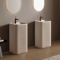 Salle de bain style Wabi Sabi Forme carrée Pierre artificielle beige Surface solide Colonne du sol au plafond Lavabo sur pied Lavabo