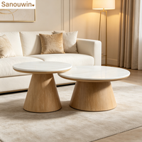 Table basse ronde de haute qualité avec plateau en marbre blanc et base en bois massif, table de salon moderne