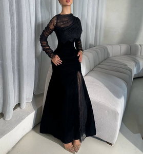 Wholesale Velvet Black Long Sleeve Evening Gown Luxury Pearls & Sequins |  Alibaba.com