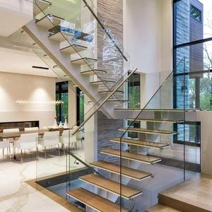 <span class=keywords><strong>Escalier</strong></span> <span class=keywords><strong>droit</strong></span> à tube carré Conception flottante Cadre en acier massif Marchepied en bois pour maisons et bureaux contemporains - Product Image 6