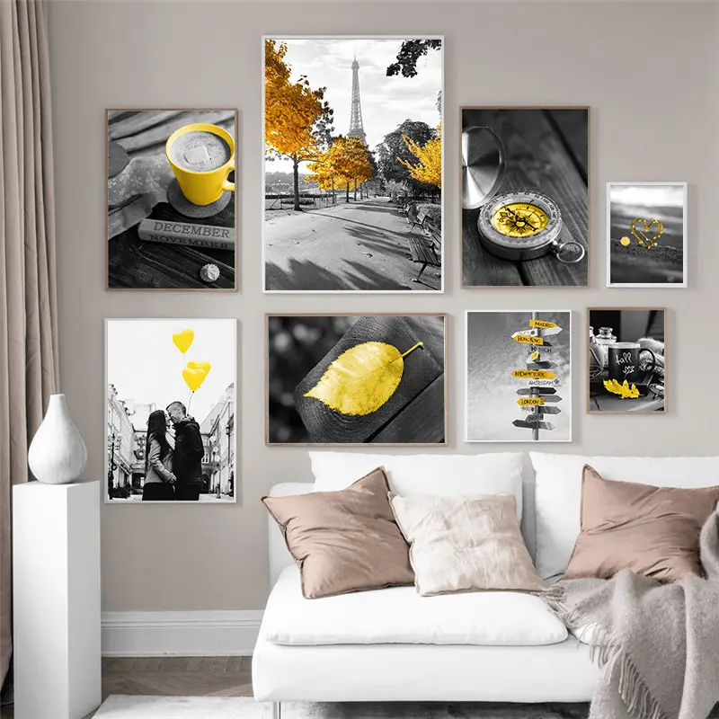 Black and White Photograph Landscape Picture Home Decor Nordic Canvas Painting Wall Art Yellow Scenery Art Print for Living Room