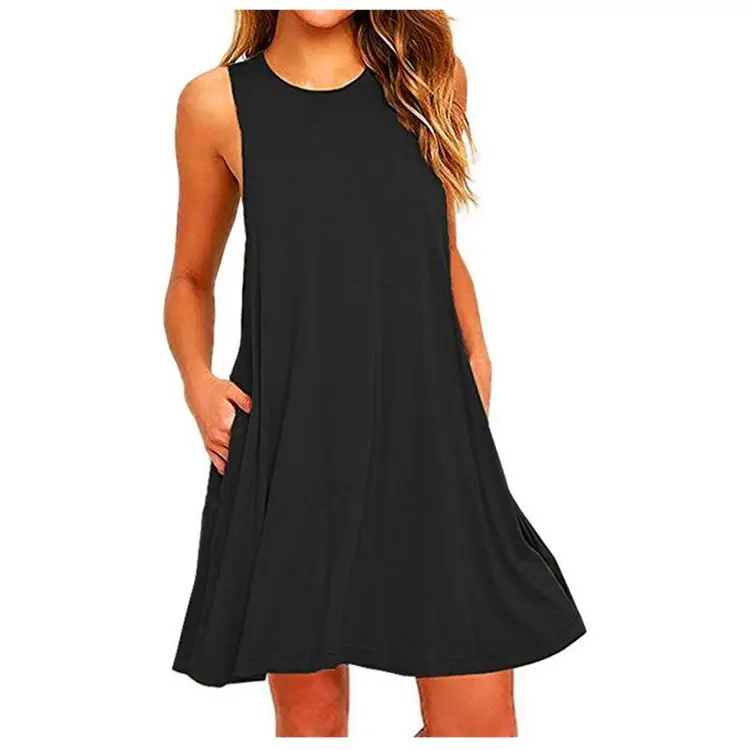 Yeni 2024 rahat kadın düz yaz O boyun kolsuz Casual katı cepler T Shirt elbise askı elbise vestidos