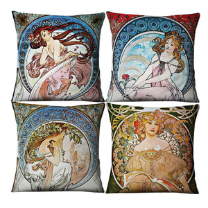 Housse de coussin vintage <span class=keywords><strong>Art</strong></span> <span class=keywords><strong>Nouveau</strong></span> européen Mucha Gallery, belle fille, coussin en lin, coussin décoratif pour la maison - Product Image 5