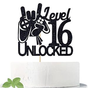 1 pièce Décoration de gâteau d'<span class=keywords><strong>anniversaire</strong></span> débloquée à 16 niveaux, Thème jeu vidéo noir, Décoration de fête pour gagnants 'Level Up' - Product Image 1
