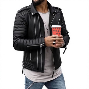 Chaqueta de Motociclista para Hombre, Color Sólido, Cierre de Cremallera, Cuello Camisero, Corte Ajustado, Manga Regular, para Otoño - Product Image 1