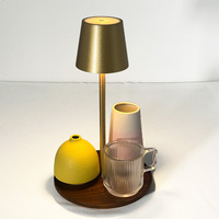 Lampe de bureau LED personnalisée en usine, 2-en-1, avec plateau en bois, à piles, variateur tactile, pour entrée et chambre à coucher