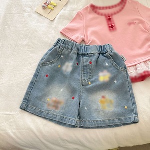 TongXingYuan Girls Summer Cotton Two Piece Set Pink Top With Lace Denim Shorts For Toddlers - Product Image 3