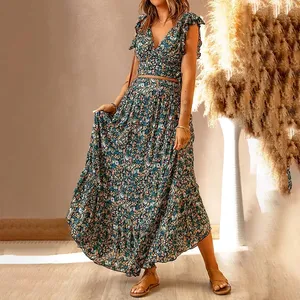 Designer Summer V Neck Short Sleeve Elegant Maxi Dress Custom Women Floral Casual Dresses