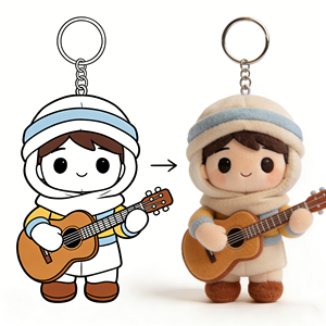 Porte-clés poupée garçon <span class=keywords><strong>en</strong></span> peluche personnalisé, directement de l'usine, avec guitare, transformable <span class=keywords><strong>en</strong></span> mini jouet <span class=keywords><strong>en</strong></span> peluche au design de <span class=keywords><strong>dessin</strong></span> <span class=keywords><strong>animé</strong></span>, pour tenue d'hiver - Product Image 1