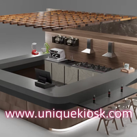 Comptoir de bar de restaurant en bois sur mesure, kiosque alimentaire complet avec cuisinière, machine à café, évier, table à manger et tabourets