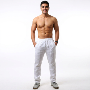 Pantalon long homme en lin/coton, taille mi-haute, coupe ample, léger, décontracté, respirant, écologique, pour l'automne - Product Image 1