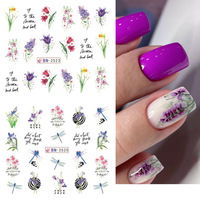 Autocollants en gel brillants pour ongles en gros, motifs lavande, fleurs de printemps, roses, tulipes, transfert à l'eau, auto-adhésifs, papier 2D, pour DIY artistique