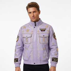 Chaqueta Bomber <span class=keywords><strong>de</strong></span> Cuero para Hombre, Diseño Personalizado, Estilo Urbano, con Bordado <span class=keywords><strong>de</strong></span> Piel <span class=keywords><strong>de</strong></span> Cordero, Pedrería, Perlas y Cristales, Otoño - Product Image 1
