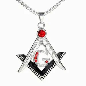Freemasonry masonic square and compass charm necklace retro stainless steel gemstones necklace for man