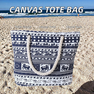 Hot Canvas Tote Bag Two Thick Rope Straps Printed <b>Square</b> Shape Zipper Closure Casual Fashion Women's Polyester Lining - Product Image 2