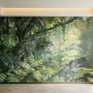 Mural de Pared Personalizable con Diseño Art Deco de Bosque Tropical Primitivo, Planta Gigante de Monstera y Palmera, Paisaje de Selva - Product Image 5