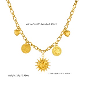 European American Punk Sun Face Coin Heart Pendant Chain Stainless Steel Chunky Necklace Gift - Product Image 4
