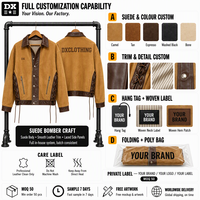 Blouson Bomber en Daim Marron Chameau Personnalisé 400gsm avec Bordures en Cuir, Panneaux Latéraux Lacés, Doublure Rayée, Poches, Vêtement d'Extérieur, Streetwear, OEM ODM