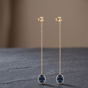 Blue Oval Drop Earrings 24K Gold Plated Bezel Setting Classic Chain Dangle for Women Party Gift - Product Image 3