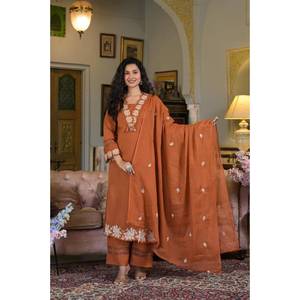 Nouveau superbe ensemble droit 3 pièces kurta pour femme avec broderie détaillée et belle couleur orange pour festival ou fête - Product Image 1