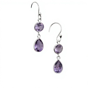 Boucles d'oreilles pendantes en argent sterling 925 pour femmes, avec améthyste et pierres précieuses rondes en forme de poire, bijoux raffinés pour usage quotidien, vente en gros - Product Image 1