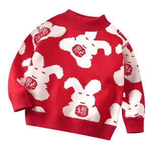 Maglione lavorato a maglia per bambine di vari colori morbido e ricamato alla moda con motivo a coniglio