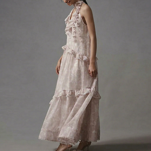 Vestido de Encaje con Botones Hecho a Mano para Mujer, Estilo Floral, Elegante, Holgado, Sin Mangas, Casual, de Gasa, Maxi - Product Image 1