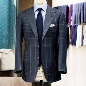 <span class=keywords><strong>Costume</strong></span> d'affaires pour <span class=keywords><strong>homme</strong></span> bleu foncé à carreaux, simple boutonnage, respirant, en laine italienne VBC Super 110's, fait main, <span class=keywords><strong>demi</strong></span>-couture - Product Image 2